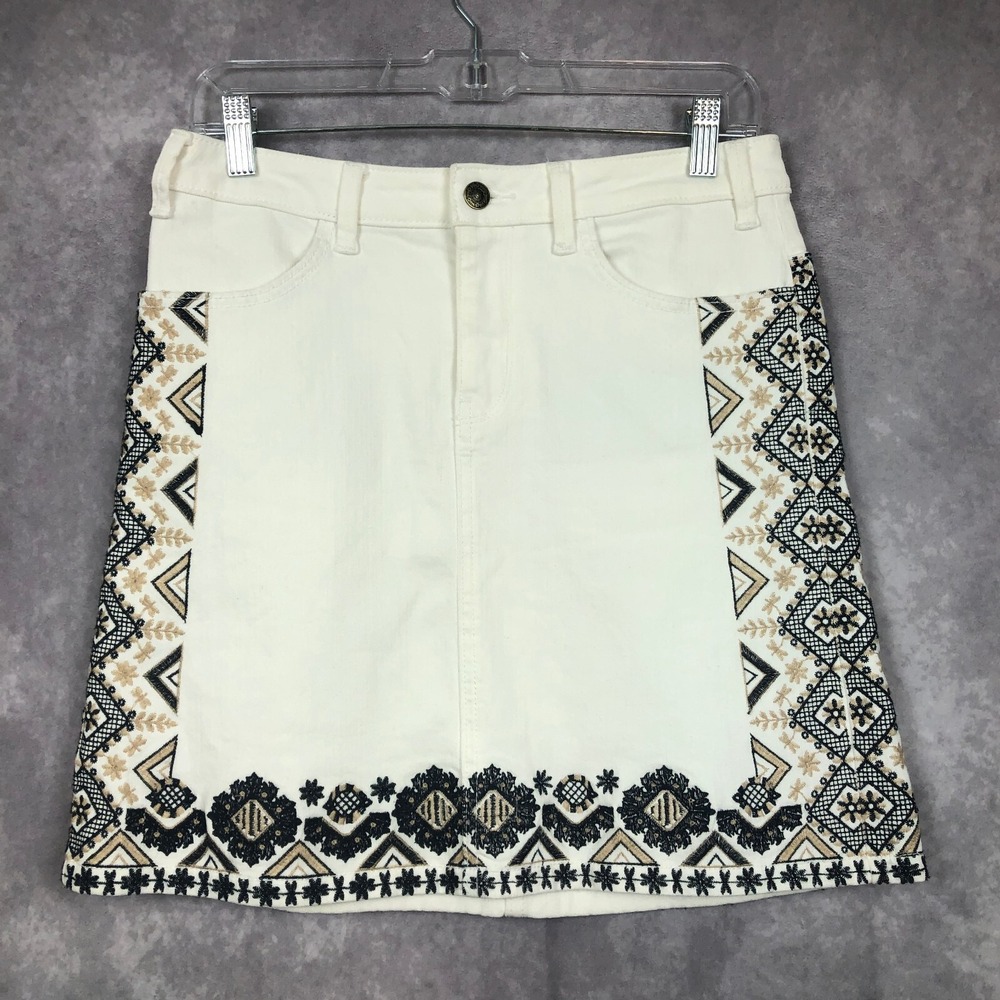 Pilcro and the Letterpress Denim Mini Skirt Size 4P Bohemian Tribal White Cotton